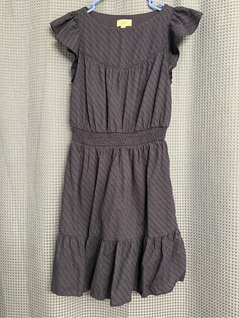 LOFT Blue  Eyelet Smocked-Waist Flutter Sleeve Midi Dress